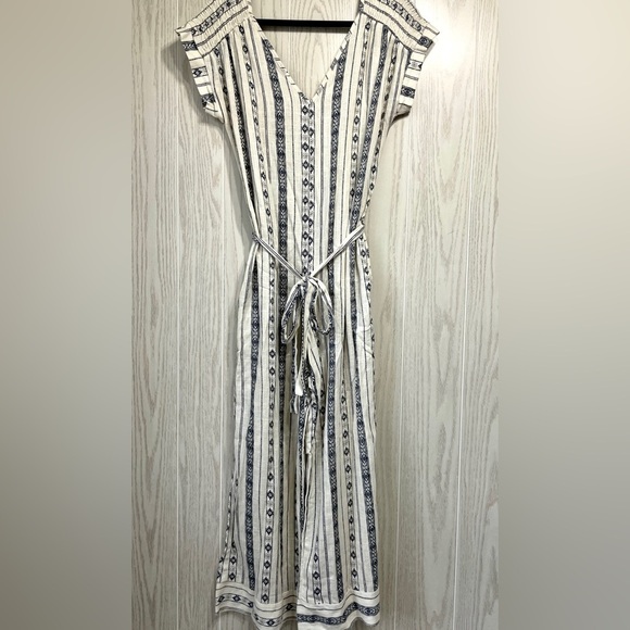 Monteau Womens Jumpsuit Small Ivory Navy Blue Patterned Stripe Crop Wide Size L - Picture 4 of 4